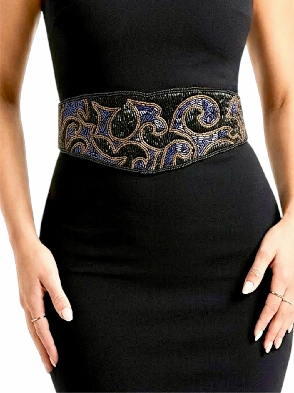 Vintage beaded belt cummerbund style black navy gold ties in back EUC